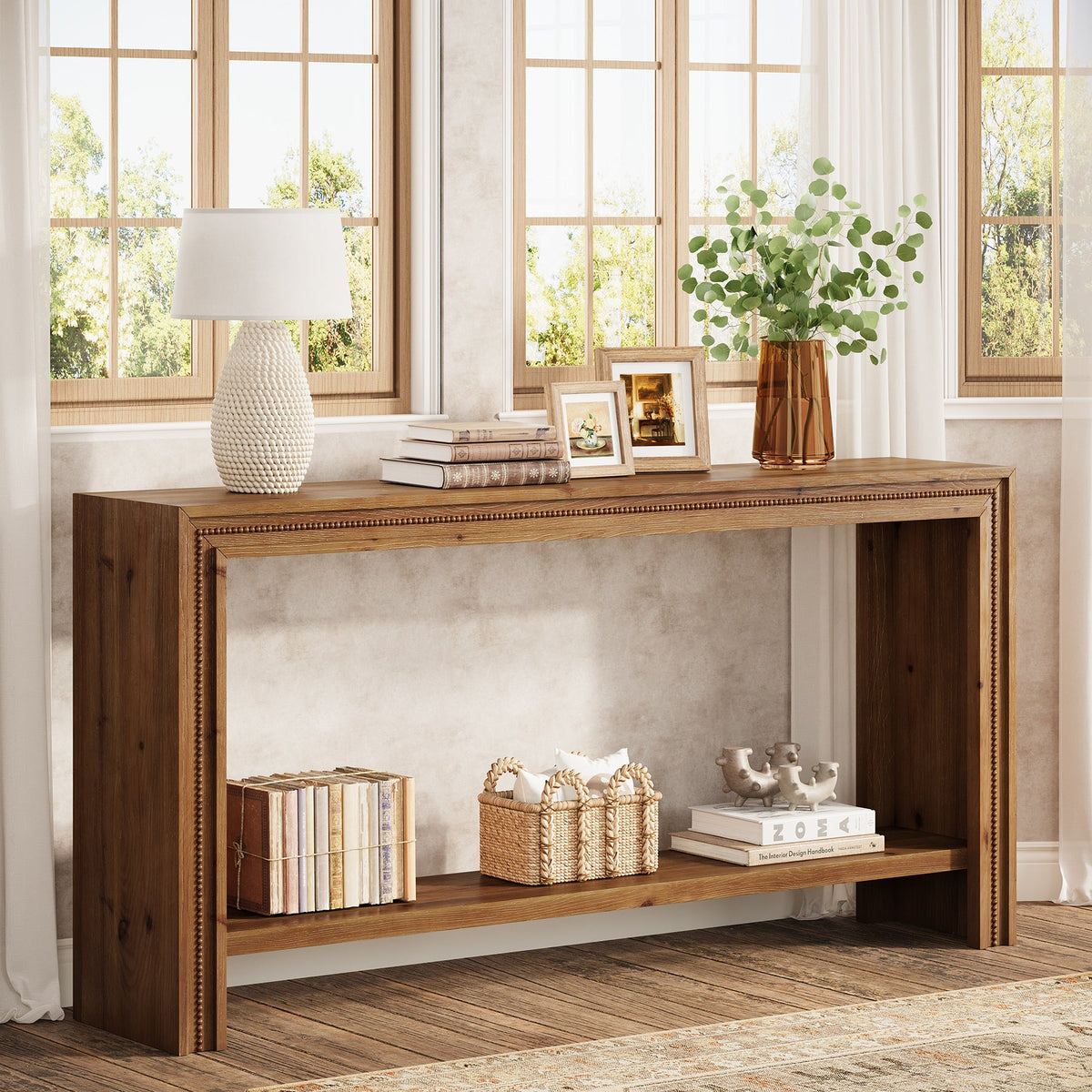 63-Inch Solid Wood Console Table with Rivet Detailing and 2-Tier Storage Shelf, Farmhouse Narrow Entryway Table for Living Room Hallway and Entryway