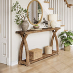 63-Inch Solid Wood Console Table, Narrow Farmhouse Design with 2-Tier Storage for Entryway and Living Room