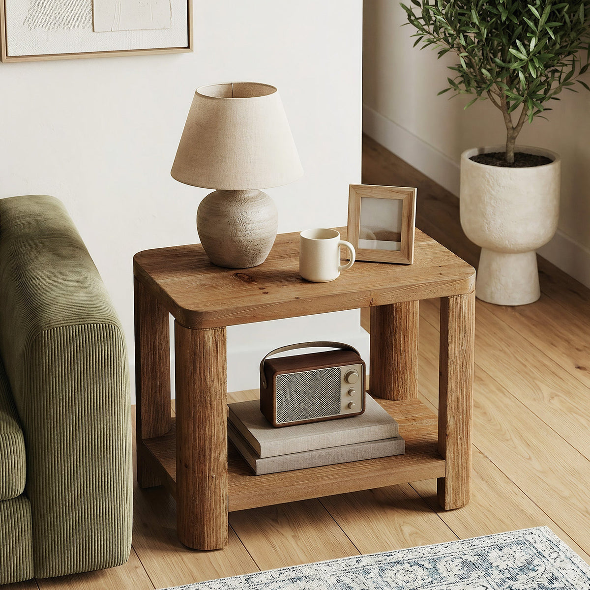 27 Inch Solid Wood Side Table with 2-Tier Shelf, Farmhouse Bedside Table for Bedroom