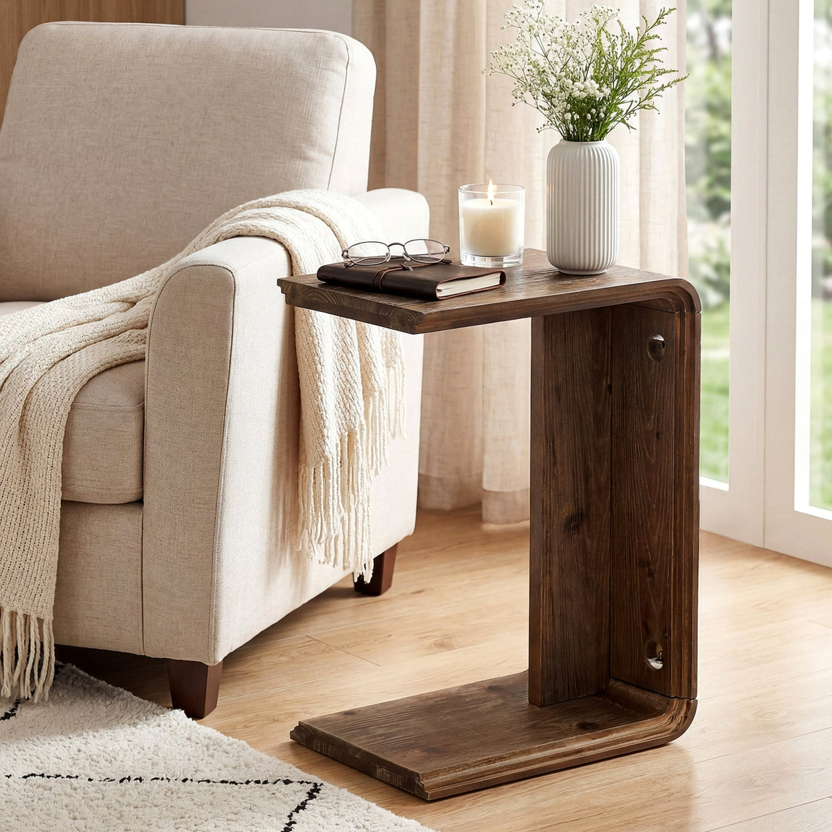 C-Shaped Solid Wood End Table for Small Spaces, Narrow Sofa Side Table for Living Room
