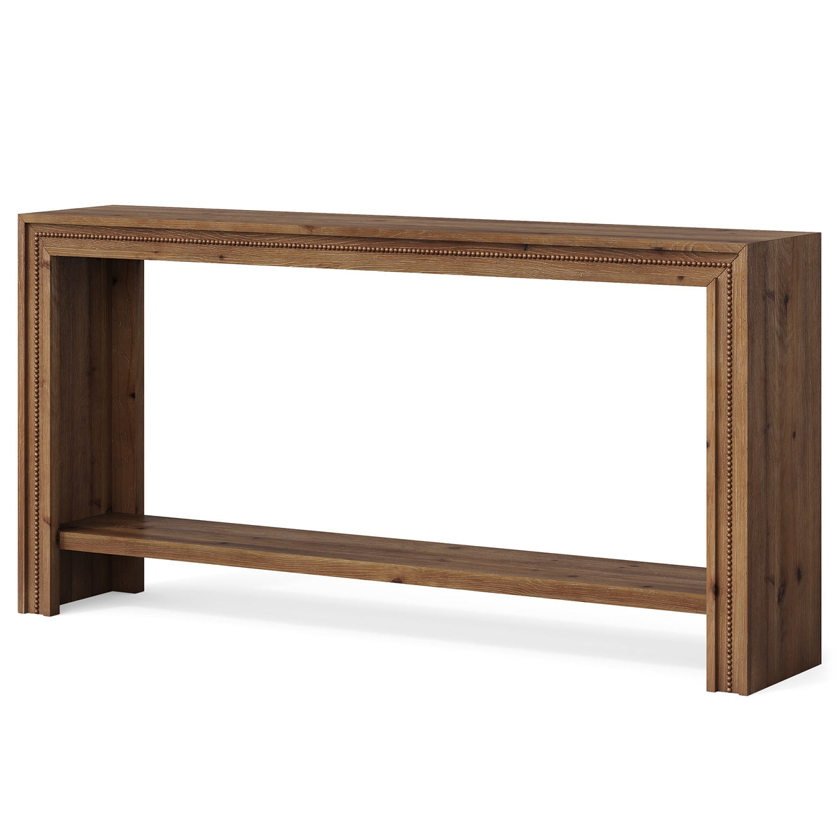 63-Inch Solid Wood Console Table with Rivet Detailing and 2-Tier Storage Shelf, Farmhouse Narrow Entryway Table for Living Room Hallway and Entryway