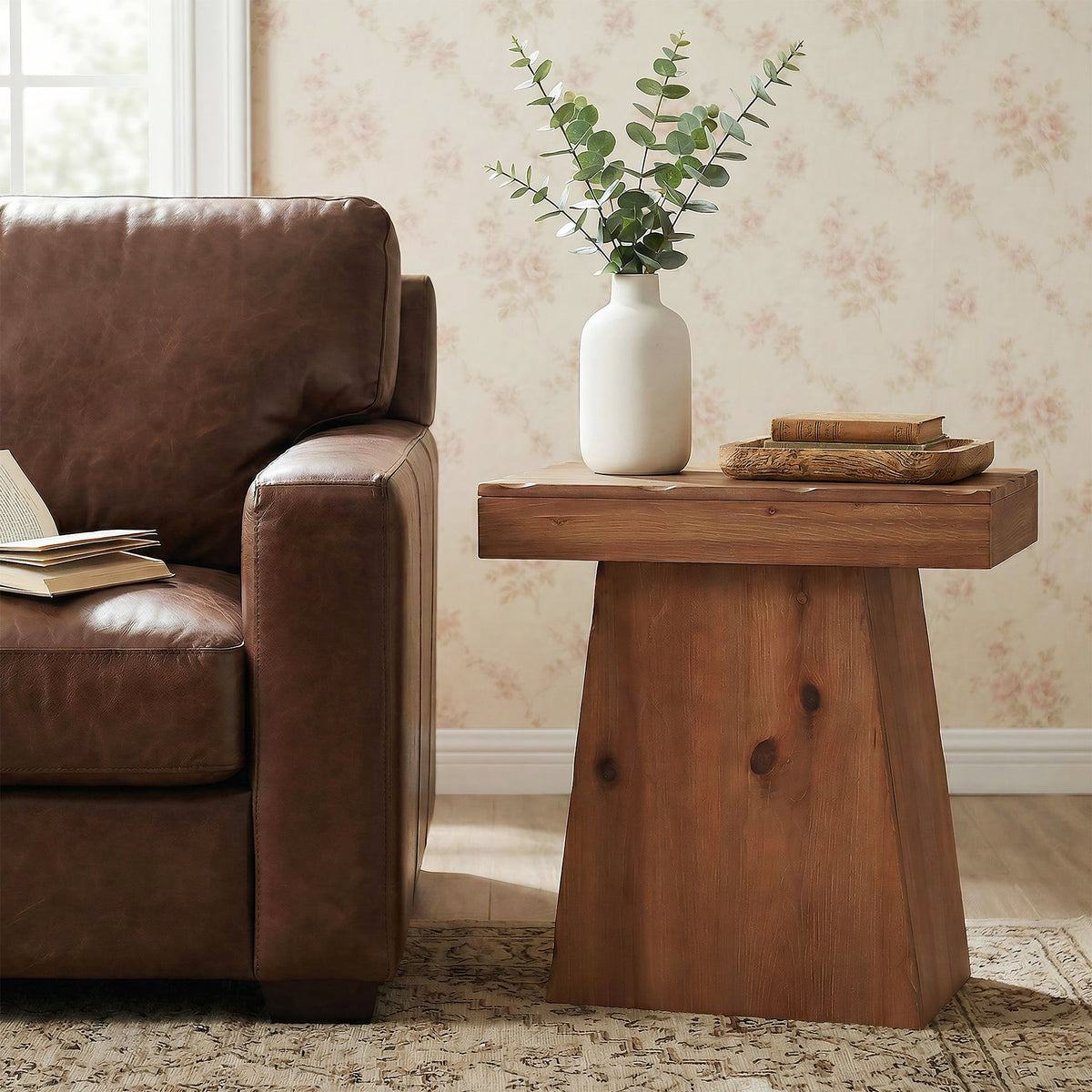 23.6 Inch Solid Wood Side Table with Trapezoid Base, Rustic End Table for Small Spaces