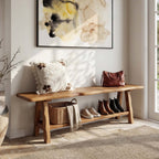 55-Inch Solid Wood Entryway Bench with Live-Edge, 2-Tier Shoe Storage for Bedroom