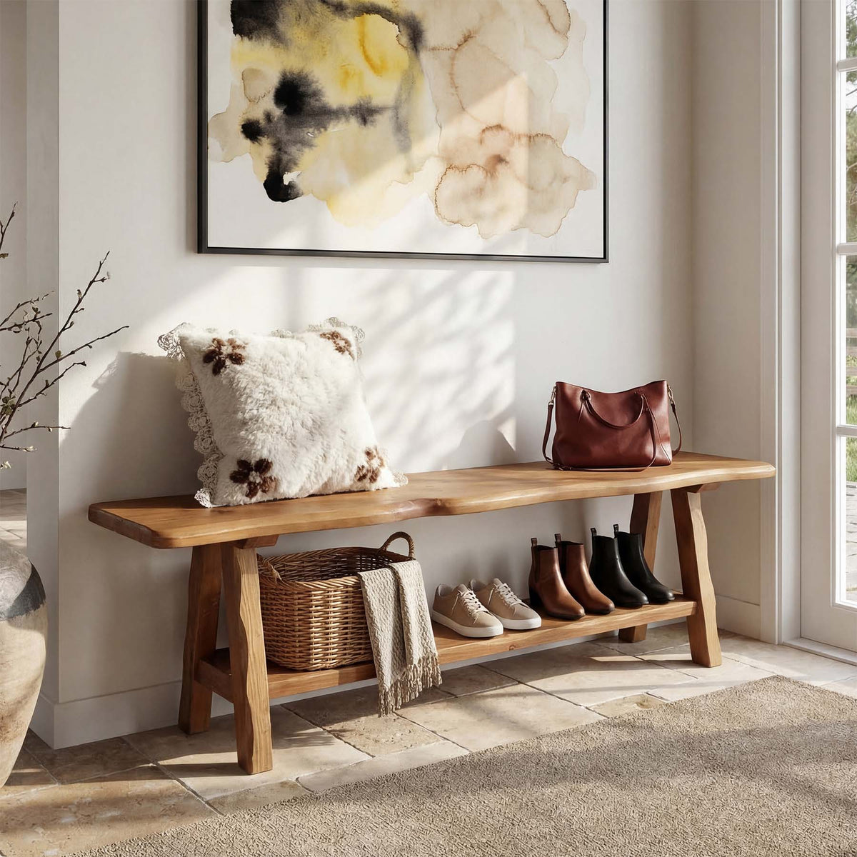 55-Inch Solid Wood Entryway Bench with Live-Edge, 2-Tier Shoe Storage for Bedroom