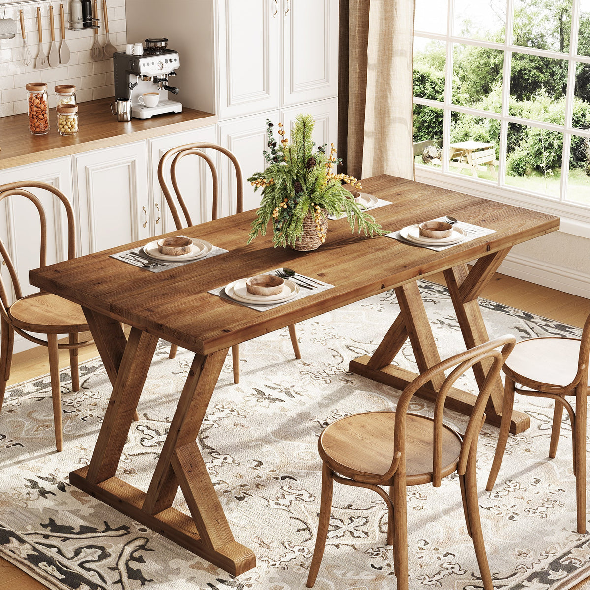 63-Inch Solid Wood Dining Table with X-Shaped Legs, Rectangular Farmhouse Kitchen Table for 4-6 People Dining Room Rustic Brown