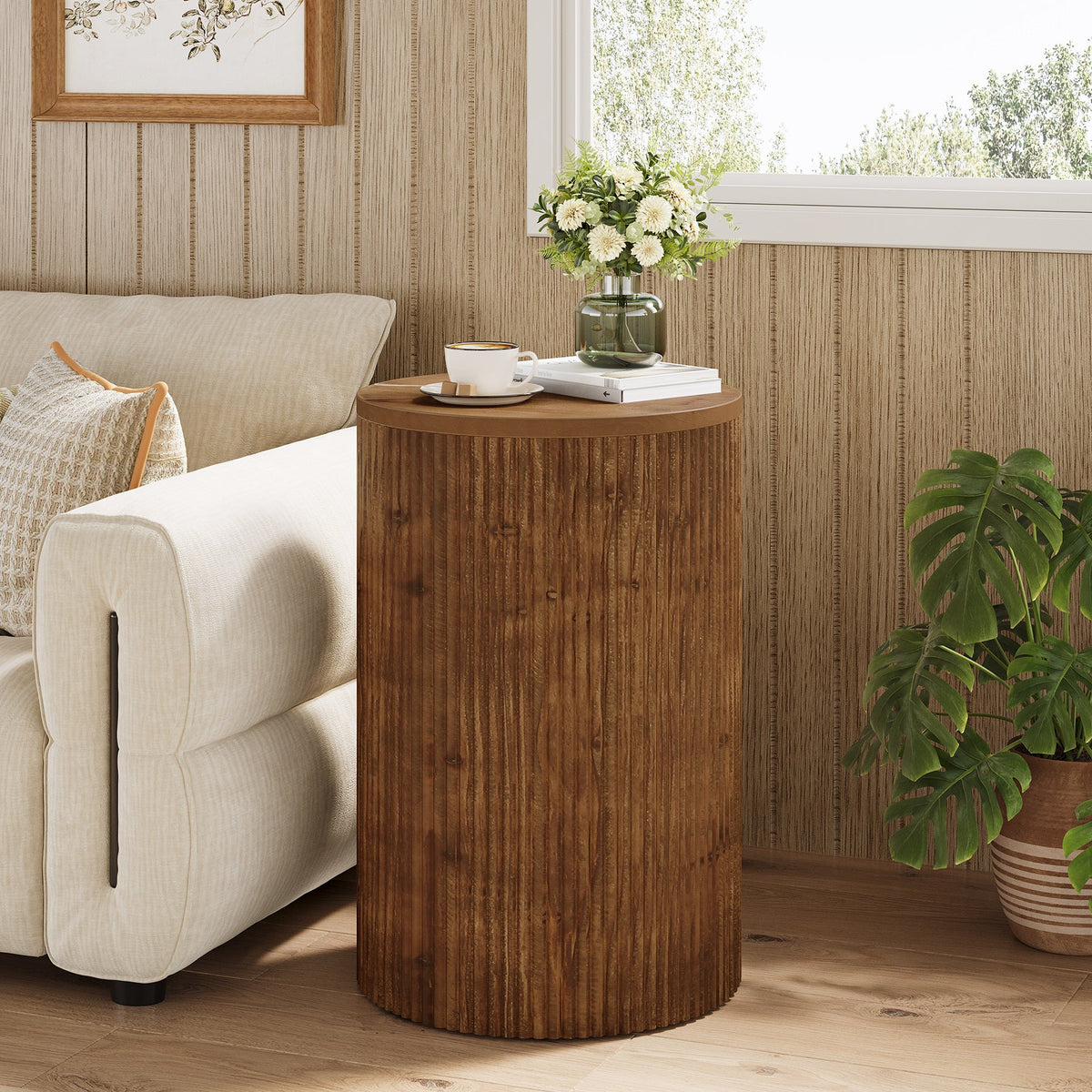 Solid Wood Round Side Table with Fluted Design and 4 Wheels, No-Assembly End Table with Storage for Living Room Bedroom and Small Spaces