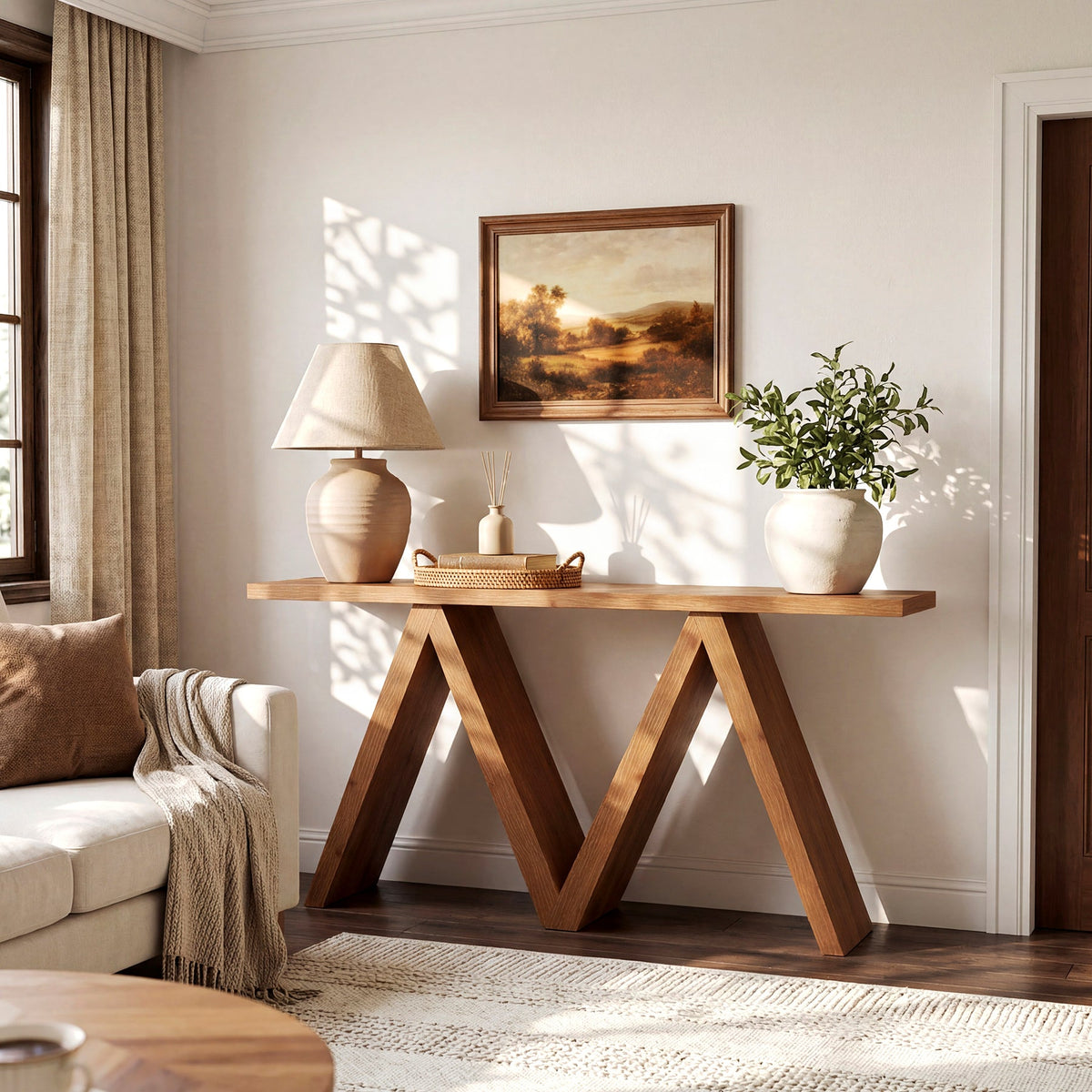 63-Inch Solid Wood Console Table, Farmhouse Entryway Sofa Table with M-Shaped Base for Living Room and Hallway