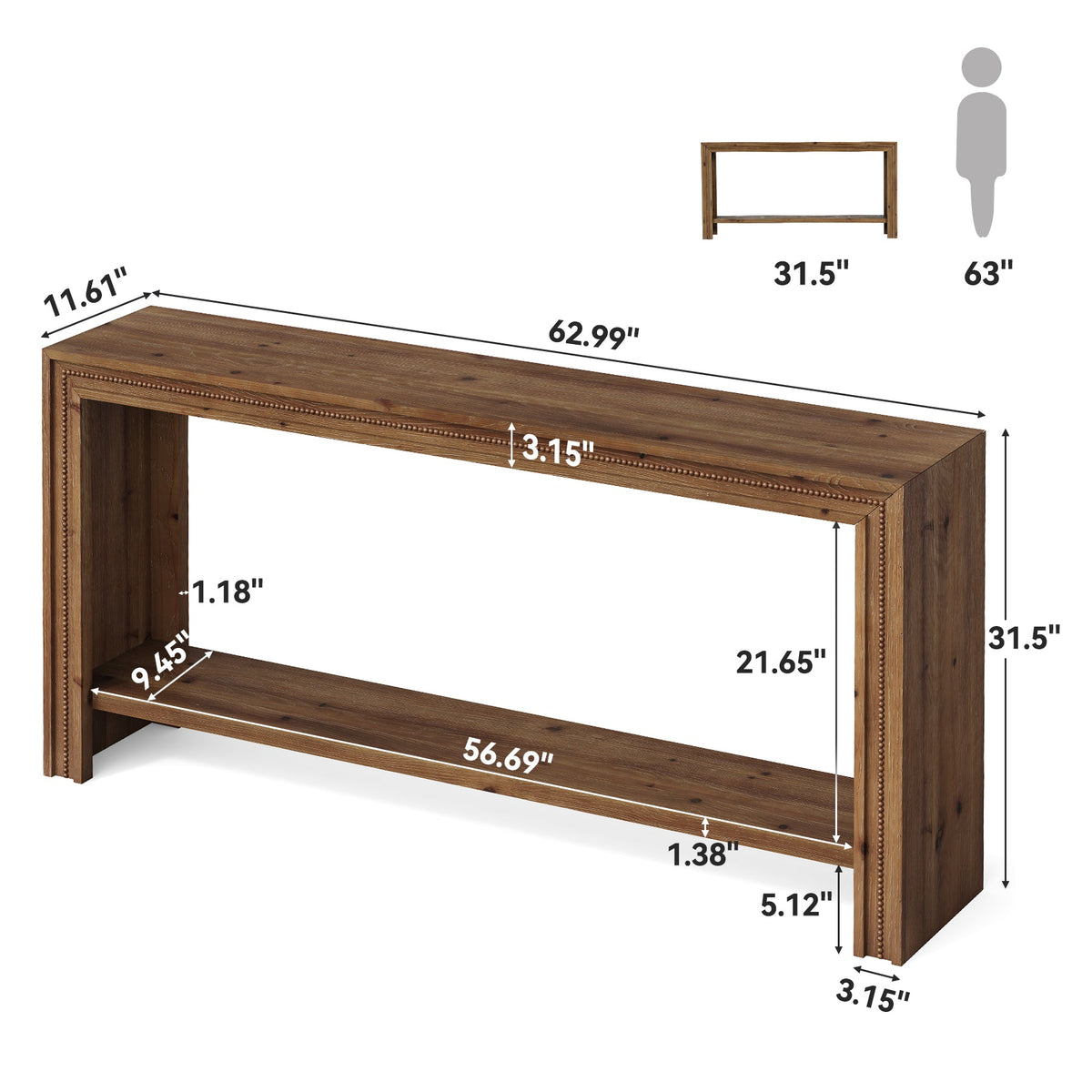 63-Inch Solid Wood Console Table with Rivet Detailing and 2-Tier Storage Shelf, Farmhouse Narrow Entryway Table for Living Room Hallway and Entryway