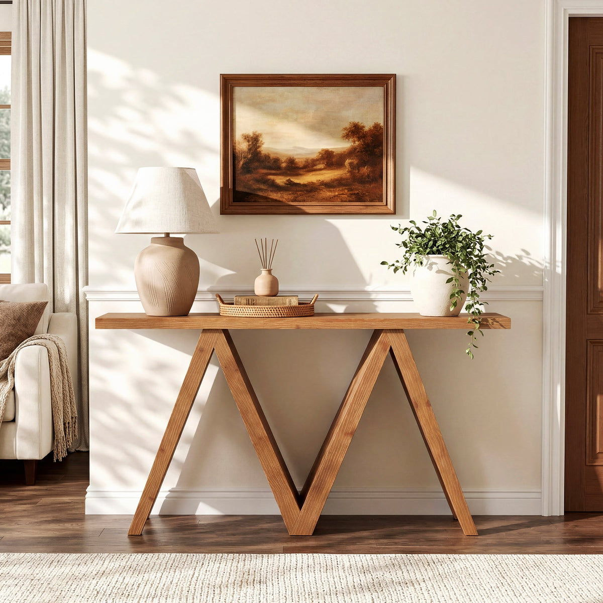 63-Inch Solid Wood Console Table, Farmhouse Entryway Sofa Table with M-Shaped Base for Living Room and Hallway