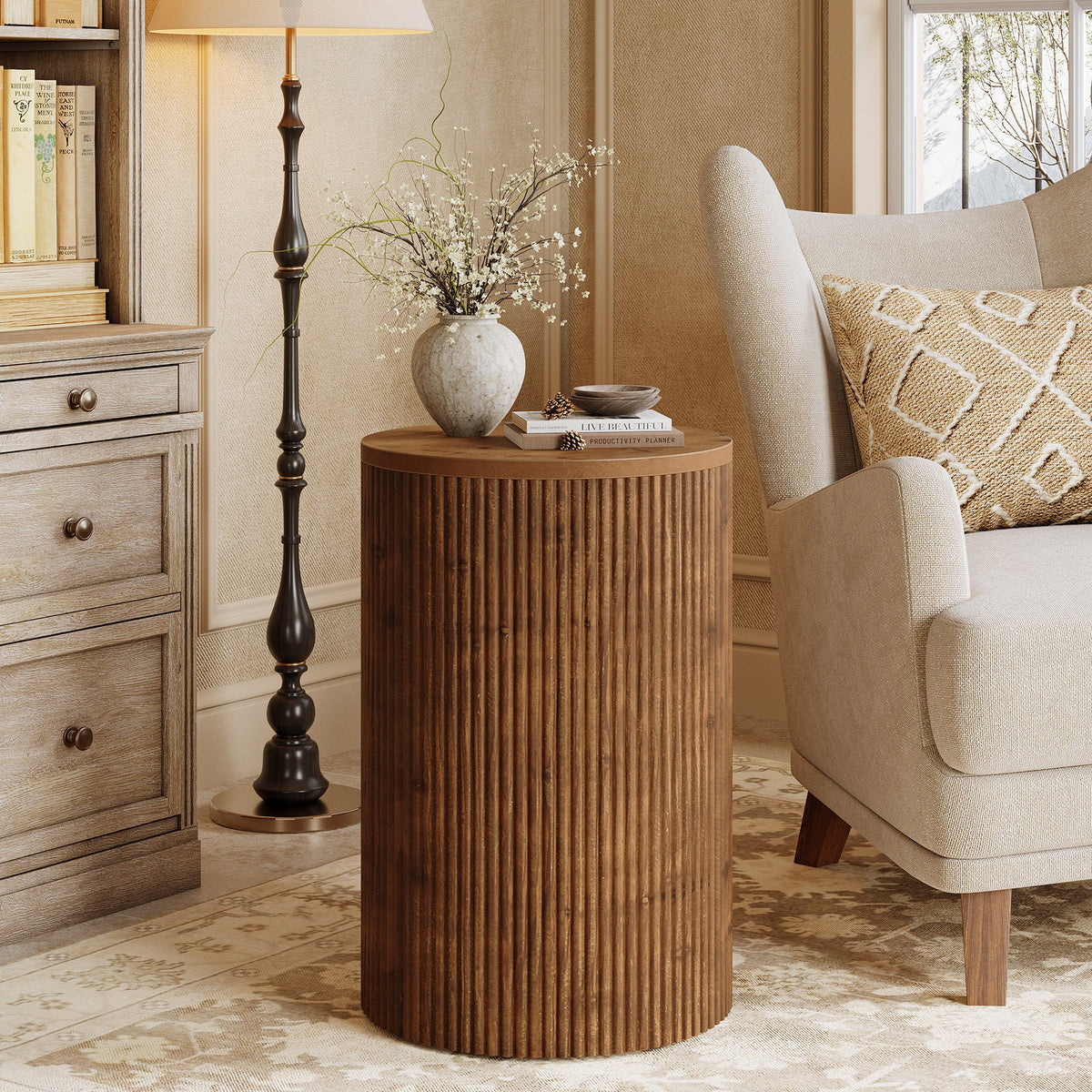 Solid Wood Round Side Table with Fluted Design and 4 Wheels, No-Assembly End Table with Storage for Living Room Bedroom and Small Spaces