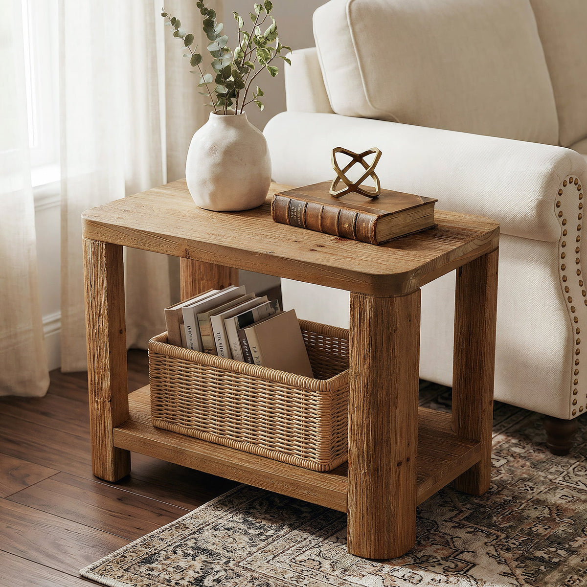 27 Inch Solid Wood Side Table with 2-Tier Shelf, Farmhouse Bedside Table for Bedroom