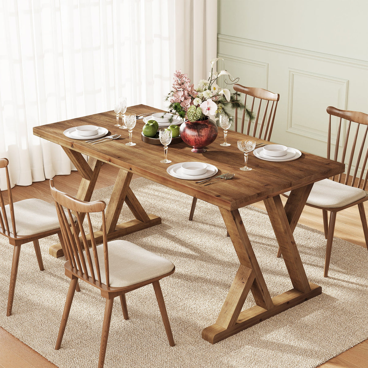 63-Inch Solid Wood Dining Table with X-Shaped Legs, Rectangular Farmhouse Kitchen Table for 4-6 People Dining Room Rustic Brown