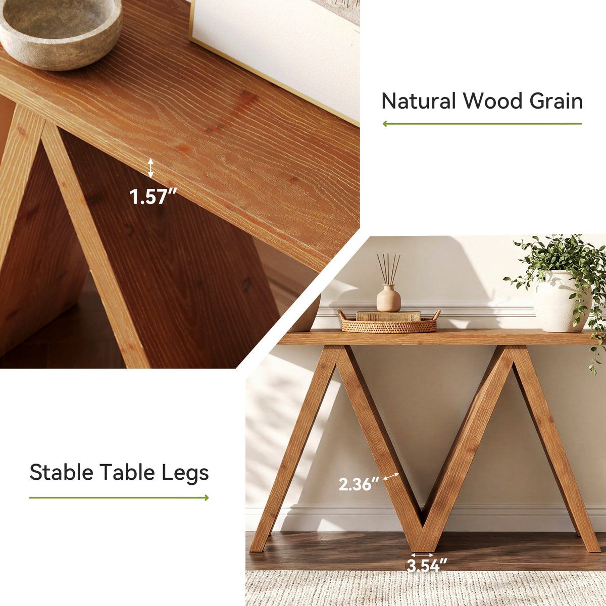 63-Inch Solid Wood Console Table, Farmhouse Entryway Sofa Table with M-Shaped Base for Living Room and Hallway