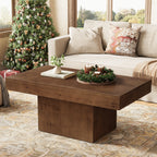 47.24-Inch Solid Wood Coffee Table, Mid Century Modern Rectangle Center Table with Wooden Pedestal for Living Room