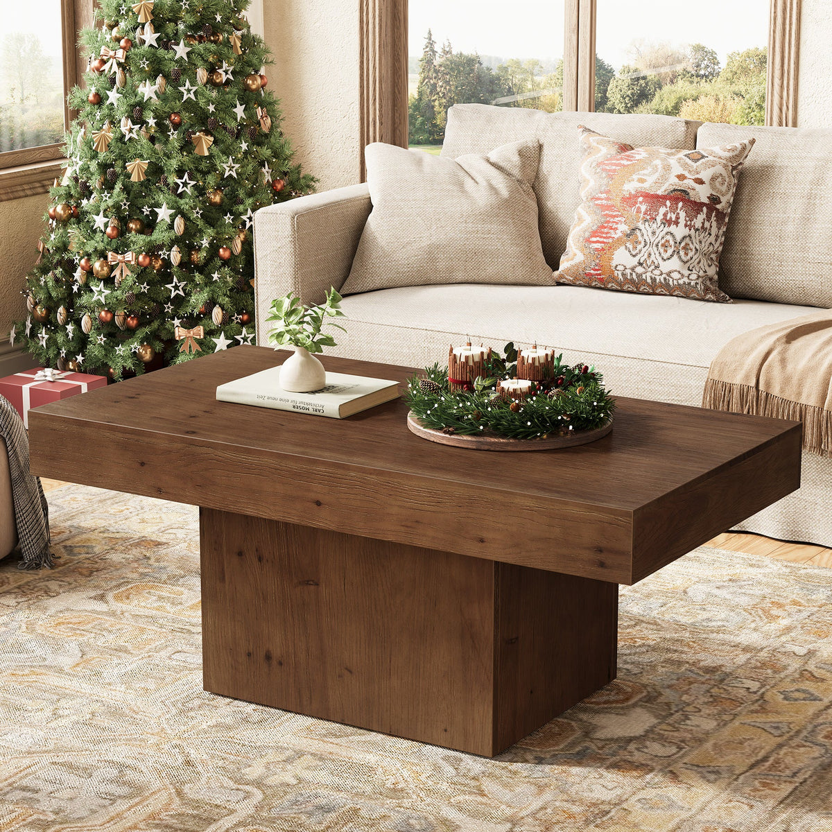 47.24-Inch Solid Wood Coffee Table, Mid Century Modern Rectangle Center Table with Wooden Pedestal for Living Room