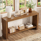 63-Inch Solid Wood Console Table with Rivet Detailing and 2-Tier Storage Shelf, Farmhouse Narrow Entryway Table for Living Room Hallway and Entryway