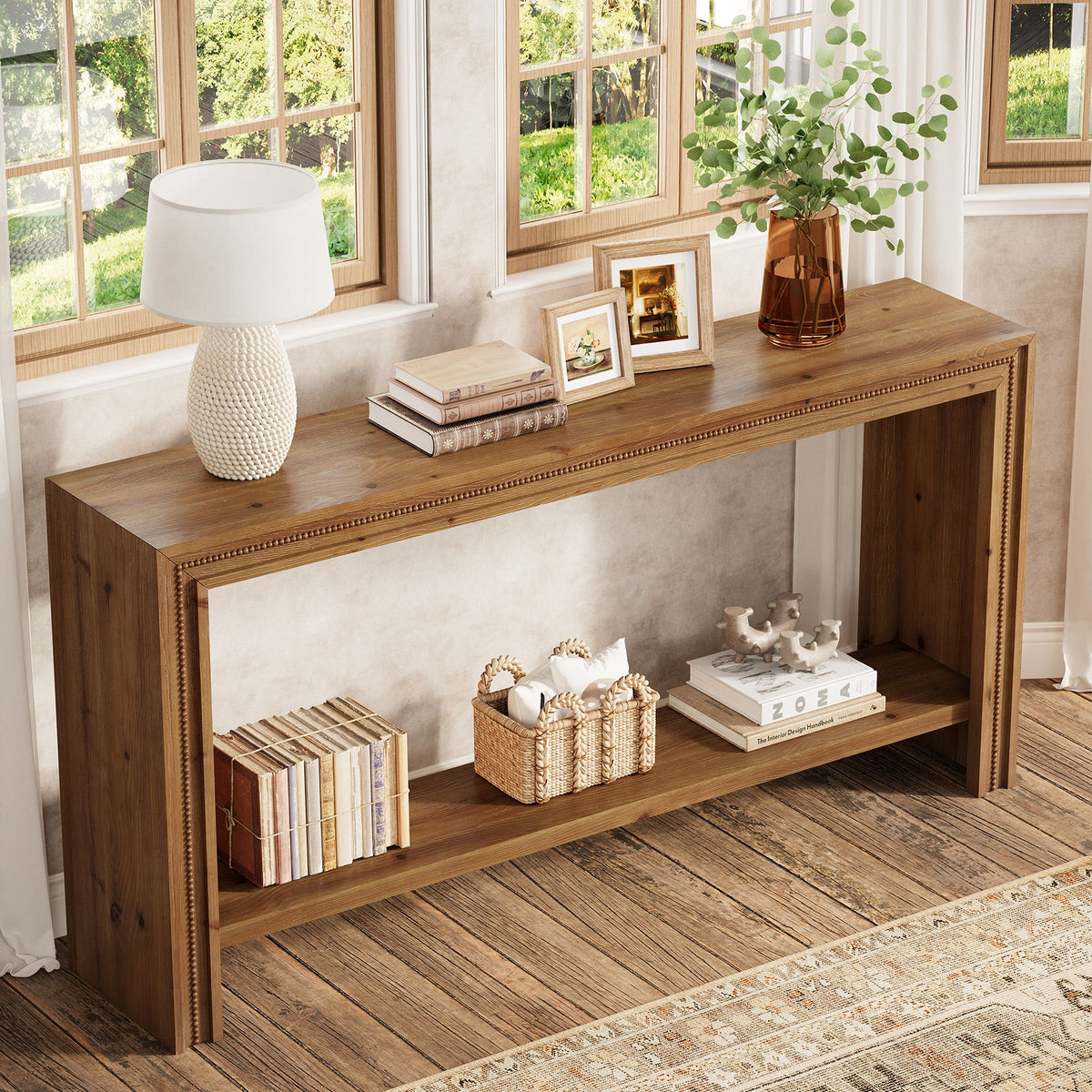 63-Inch Solid Wood Console Table with Rivet Detailing and 2-Tier Storage Shelf, Farmhouse Narrow Entryway Table for Living Room Hallway and Entryway