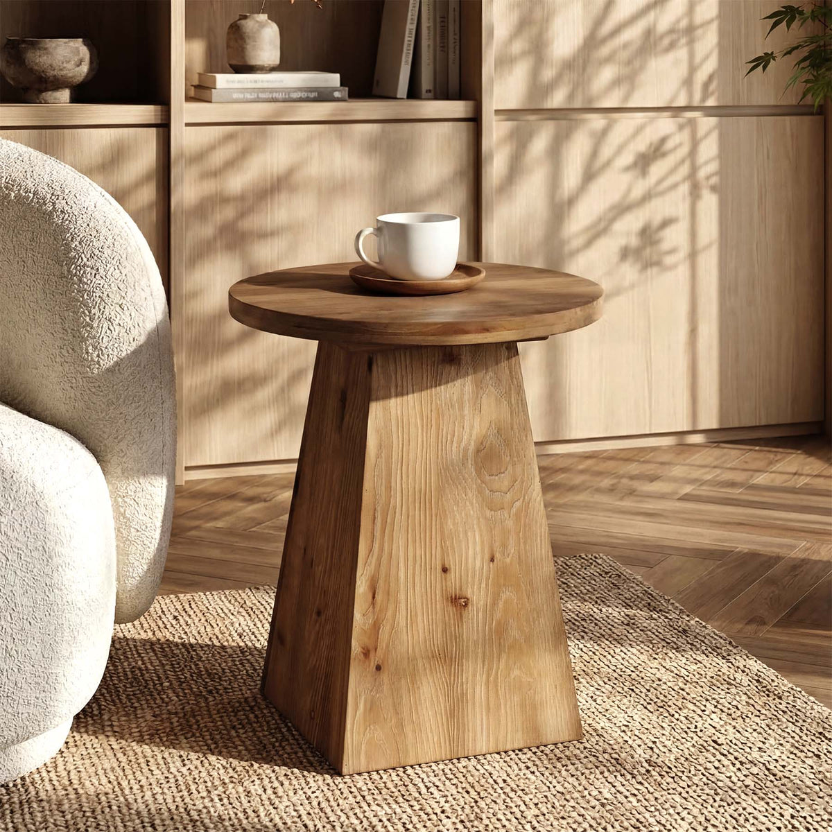 18.9-Inch Round Solid Wood End Table with Trapezoid Base
