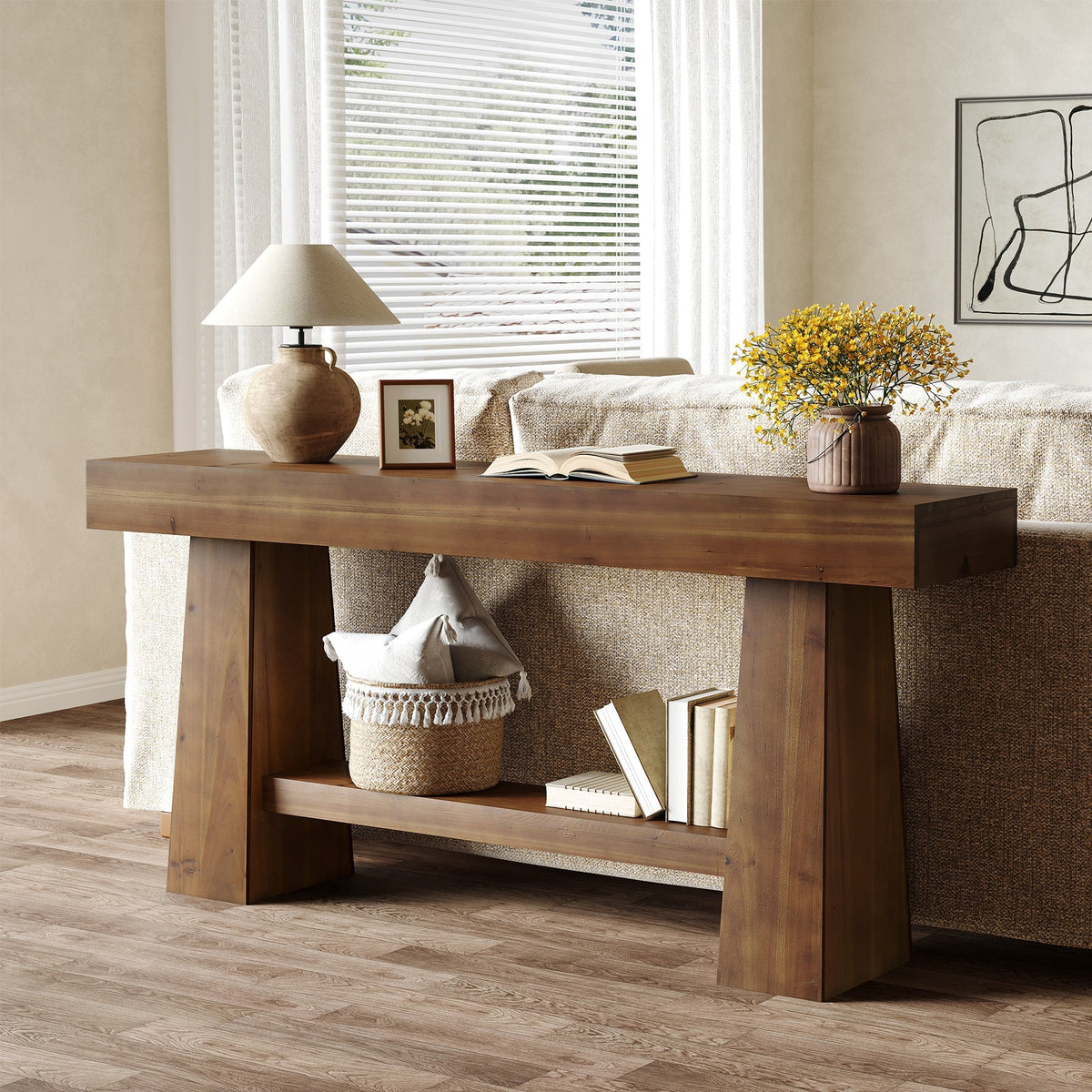 63-Inch Solid Wood Console Table, Entryway Sofa Table with Storage for Behind Couch