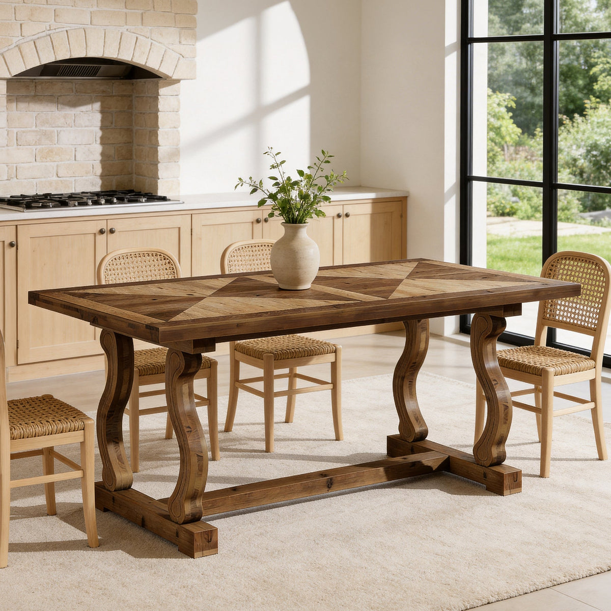 63-Inch Solid Wood Dining Table with Diamond Parquetry, Farmhouse Table for Dining Room
