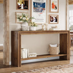 63-Inch Solid Wood Console Table with Rivet Detailing and 2-Tier Storage Shelf, Farmhouse Narrow Entryway Table for Living Room Hallway and Entryway
