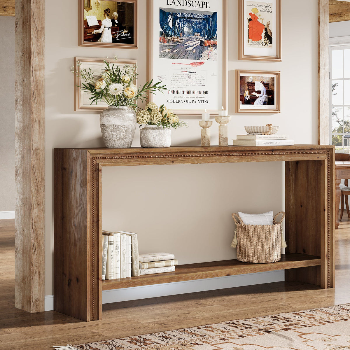 63-Inch Solid Wood Console Table with Rivet Detailing and 2-Tier Storage Shelf, Farmhouse Narrow Entryway Table for Living Room Hallway and Entryway