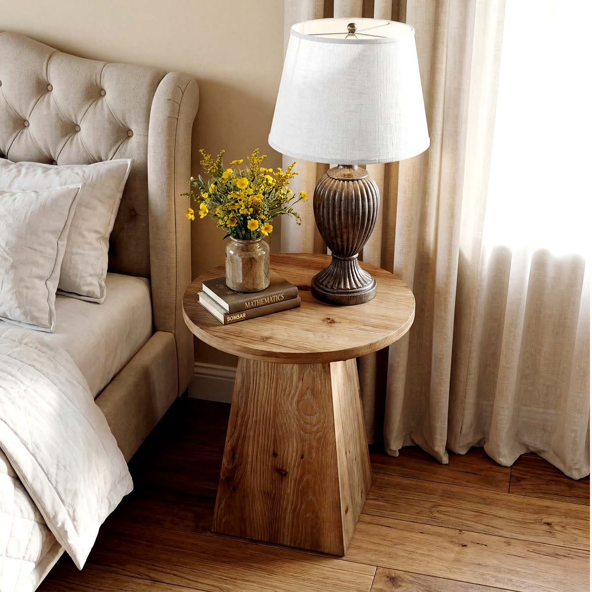 18.9-Inch Round Solid Wood End Table with Trapezoid Base