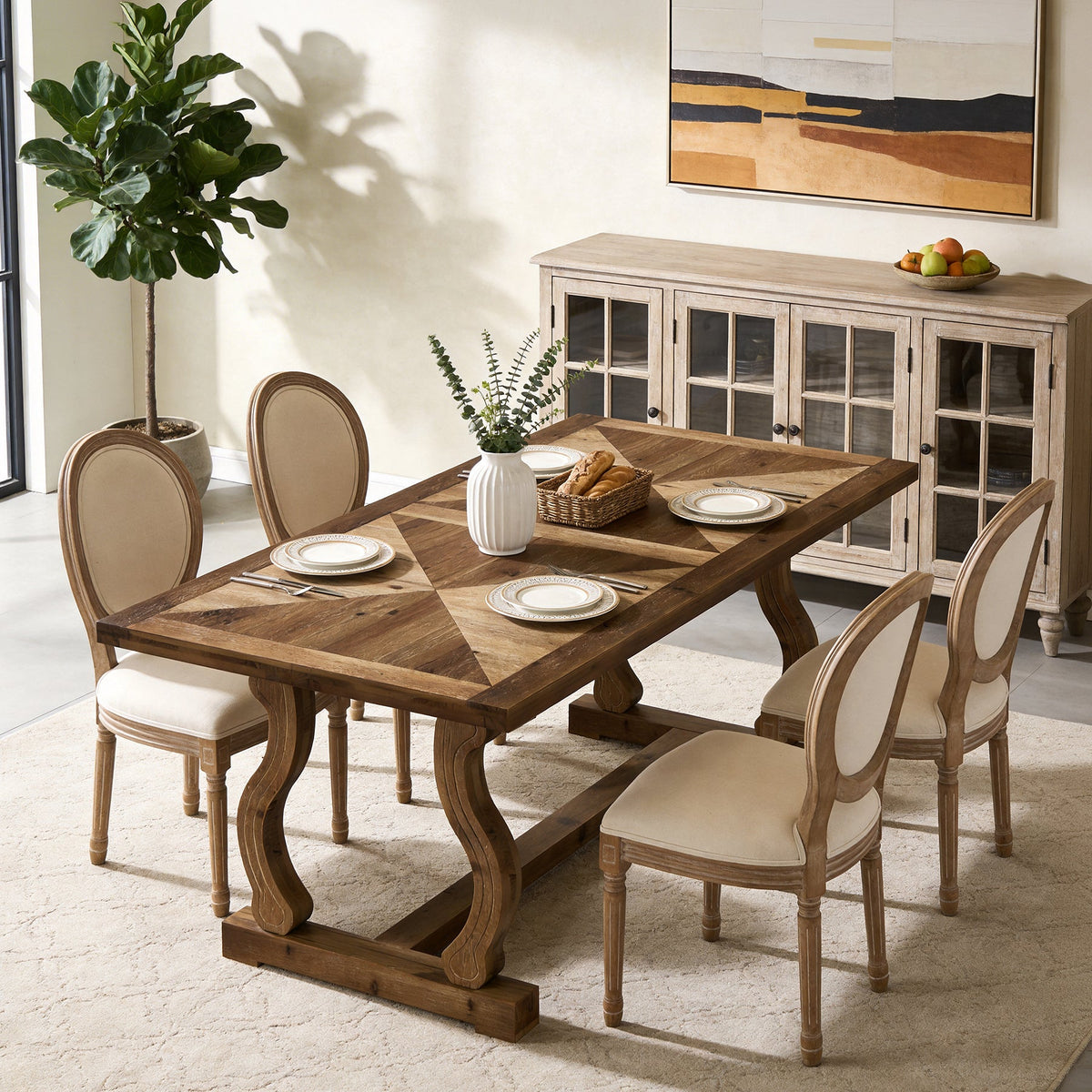 63-Inch Solid Wood Dining Table with Diamond Parquetry, Farmhouse Table for Dining Room