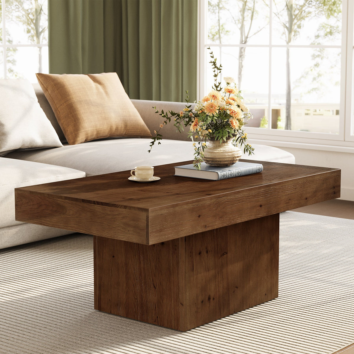 47.24-Inch Solid Wood Coffee Table, Mid Century Modern Rectangle Center Table with Wooden Pedestal for Living Room