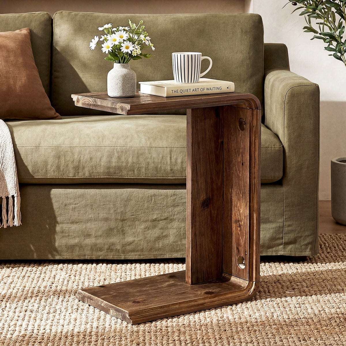 C-Shaped Solid Wood End Table for Small Spaces, Narrow Sofa Side Table for Living Room