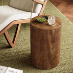 Solid Wood Round Side Table with Fluted Design and 4 Wheels, No-Assembly End Table with Storage for Living Room Bedroom and Small Spaces