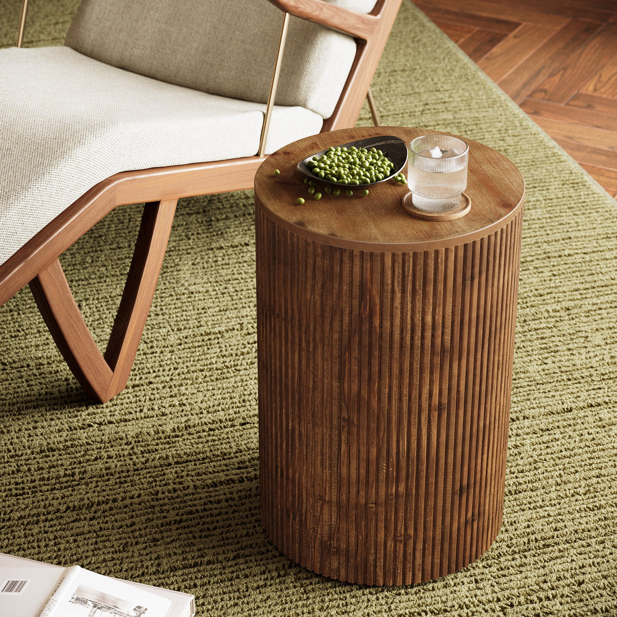 Solid Wood Round Side Table with Fluted Design and 4 Wheels, No-Assembly End Table with Storage for Living Room Bedroom and Small Spaces