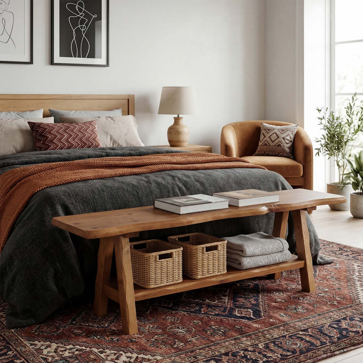 55-Inch Solid Wood Entryway Bench with Live-Edge, 2-Tier Shoe Storage for Bedroom