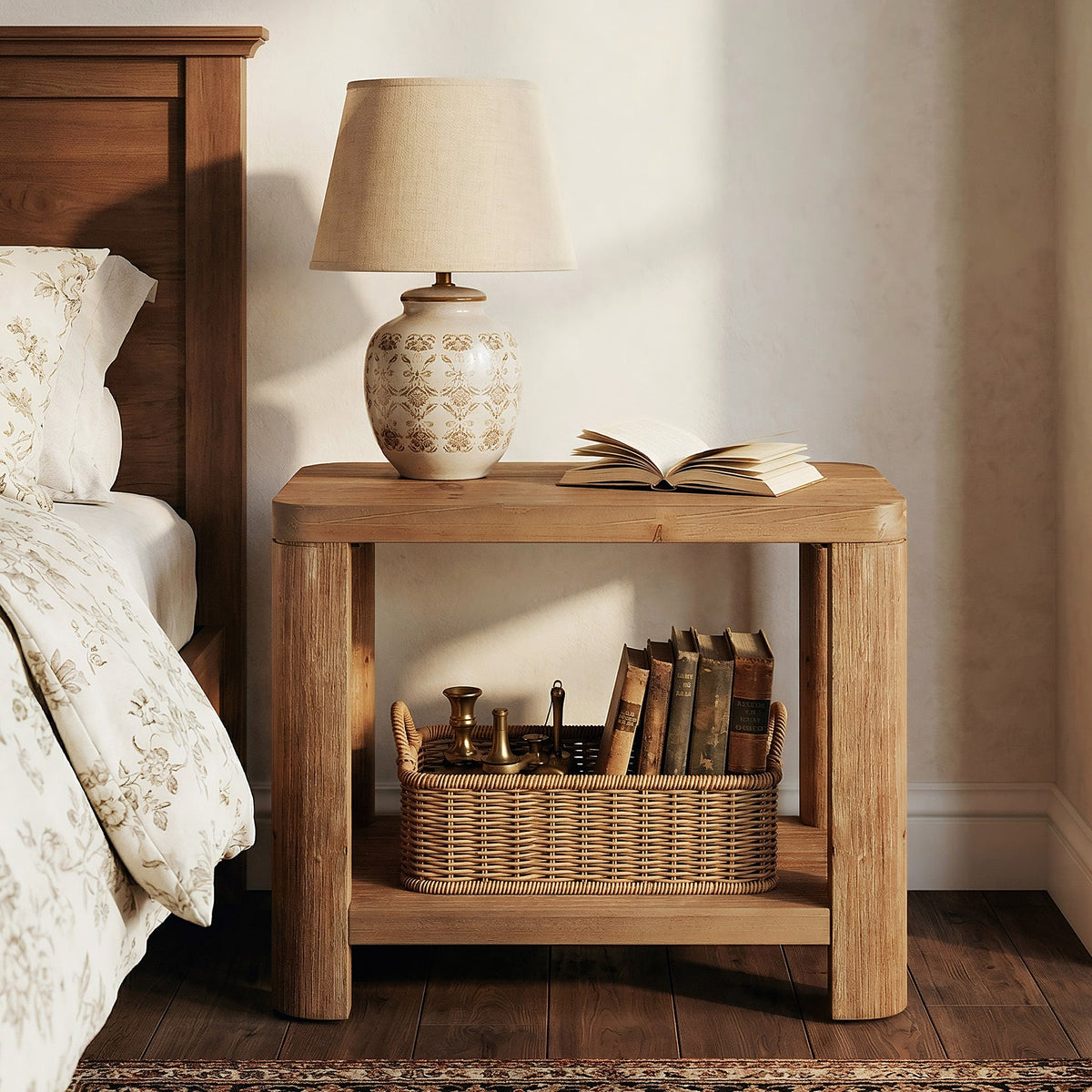 27 Inch Solid Wood Side Table with 2-Tier Shelf, Farmhouse Bedside Table for Bedroom
