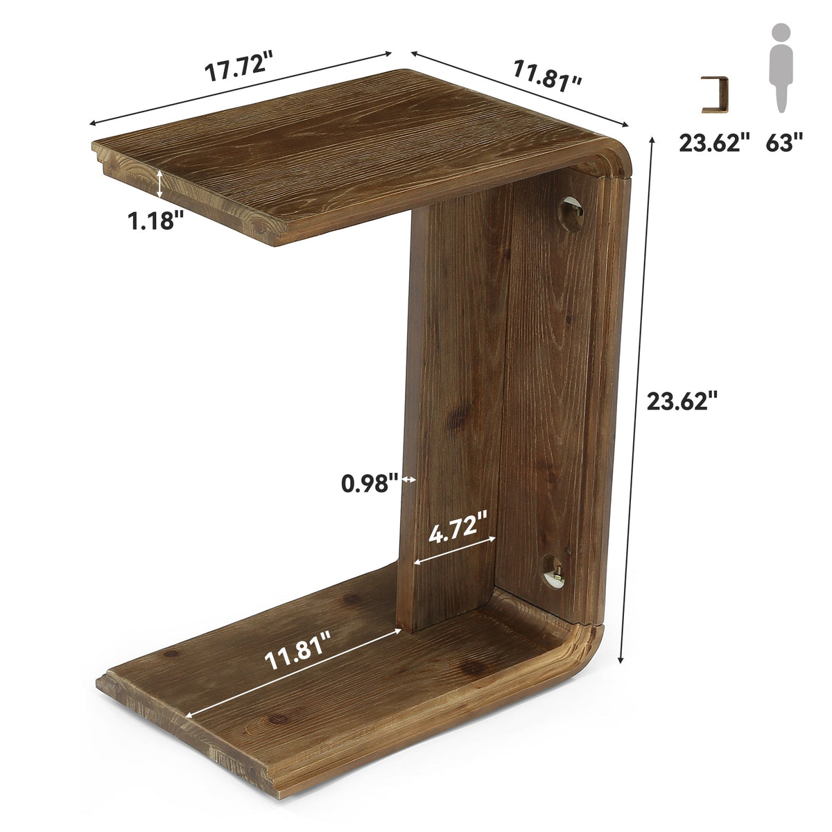 C-Shaped Solid Wood End Table for Small Spaces, Narrow Sofa Side Table for Living Room