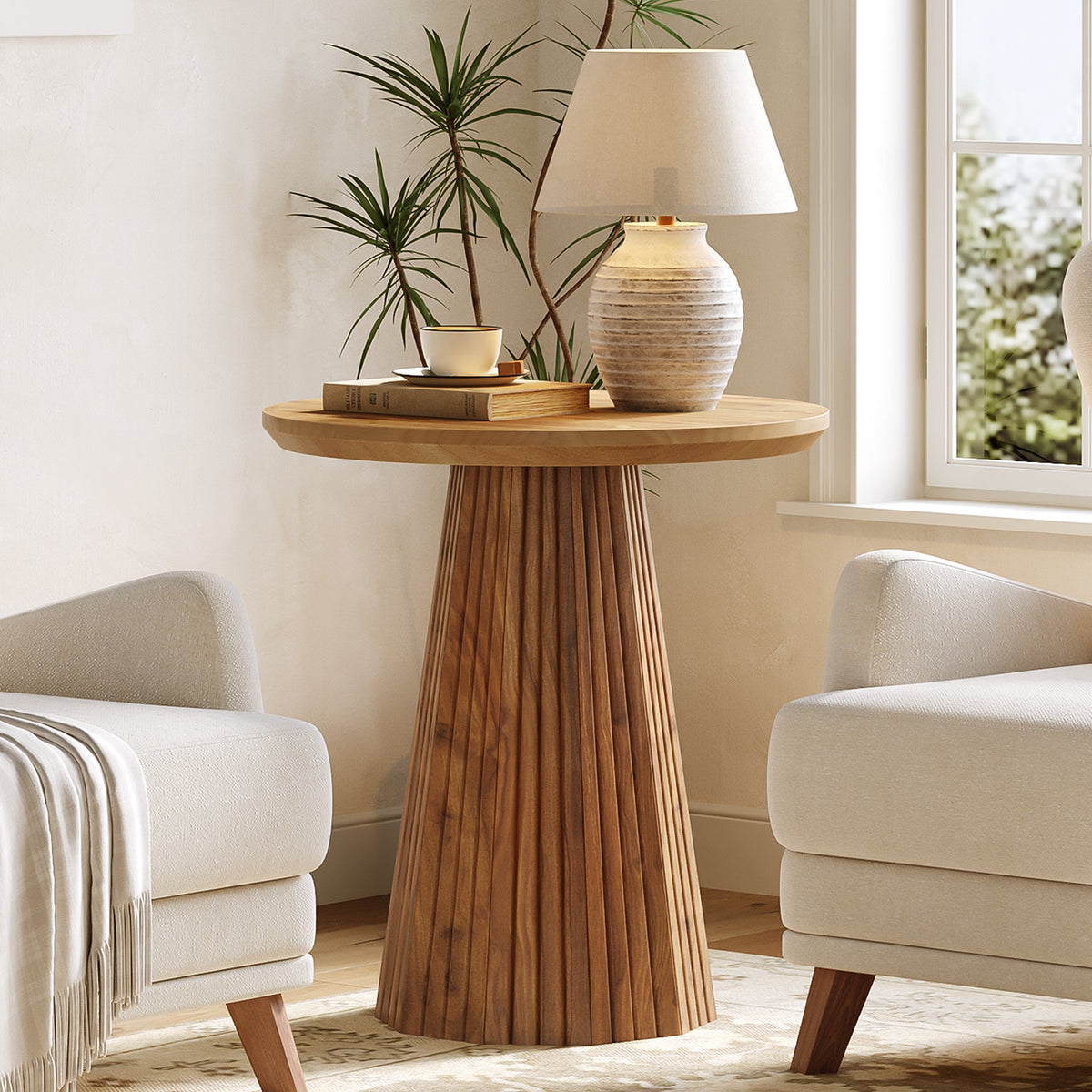 19.7-Inch Solid Wood End Table with Fluted Base, Small Round Side Table for Small Spaces
