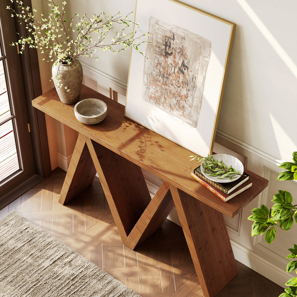 63-Inch Solid Wood Console Table, Farmhouse Entryway Sofa Table with M-Shaped Base for Living Room and Hallway