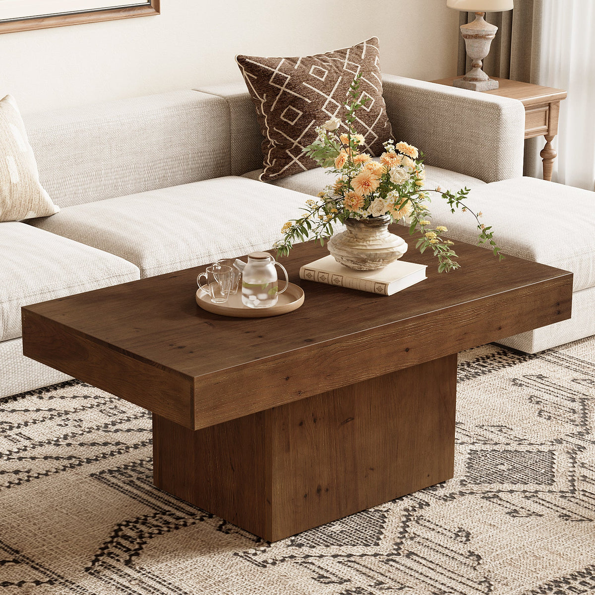 47.24-Inch Solid Wood Coffee Table, Mid Century Modern Rectangle Center Table with Wooden Pedestal for Living Room