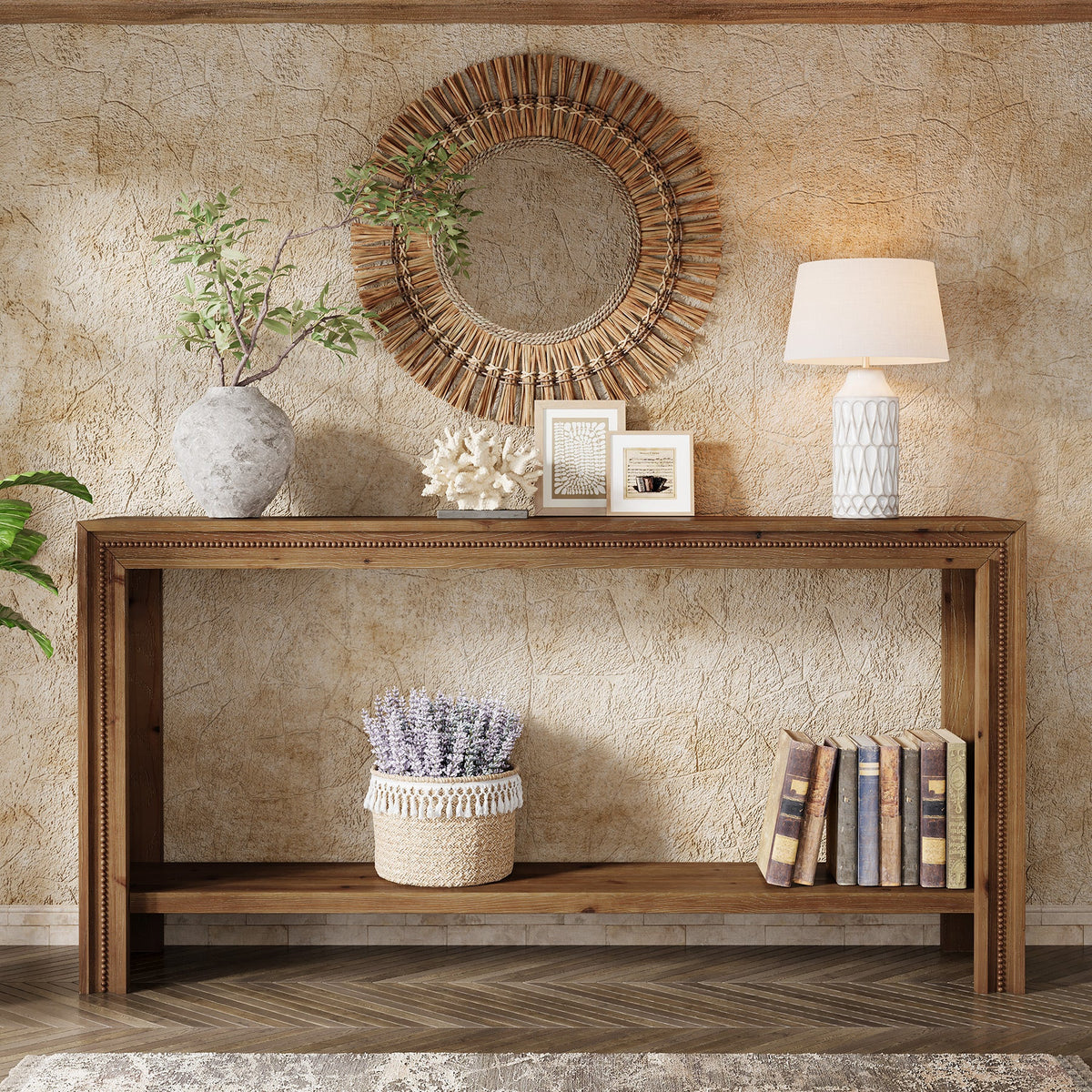 63-Inch Solid Wood Console Table with Rivet Detailing and 2-Tier Storage Shelf, Farmhouse Narrow Entryway Table for Living Room Hallway and Entryway