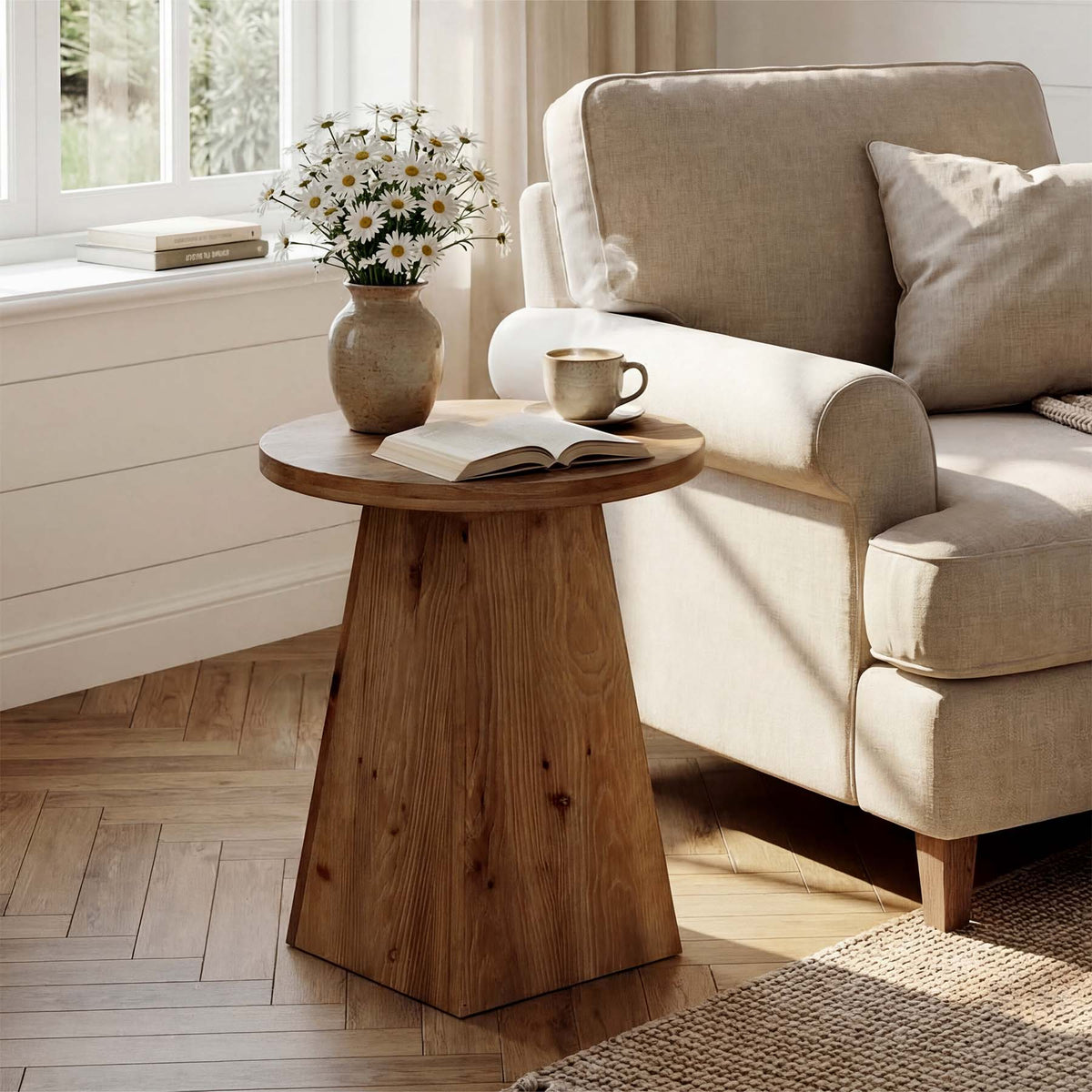18.9-Inch Round Solid Wood End Table with Trapezoid Base