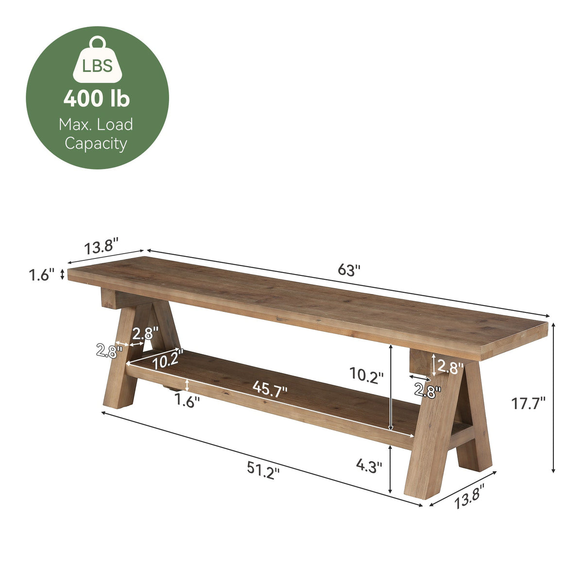63-Inch Solid Wood Entryway Bench, Dining Bench with Open Storage for Hallway and Foyer