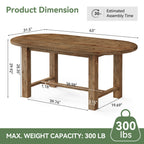 63 Inch Solid Fir Wood Oval Dining Table for 4-6, Farmhouse Kitchen Table with Crossbar