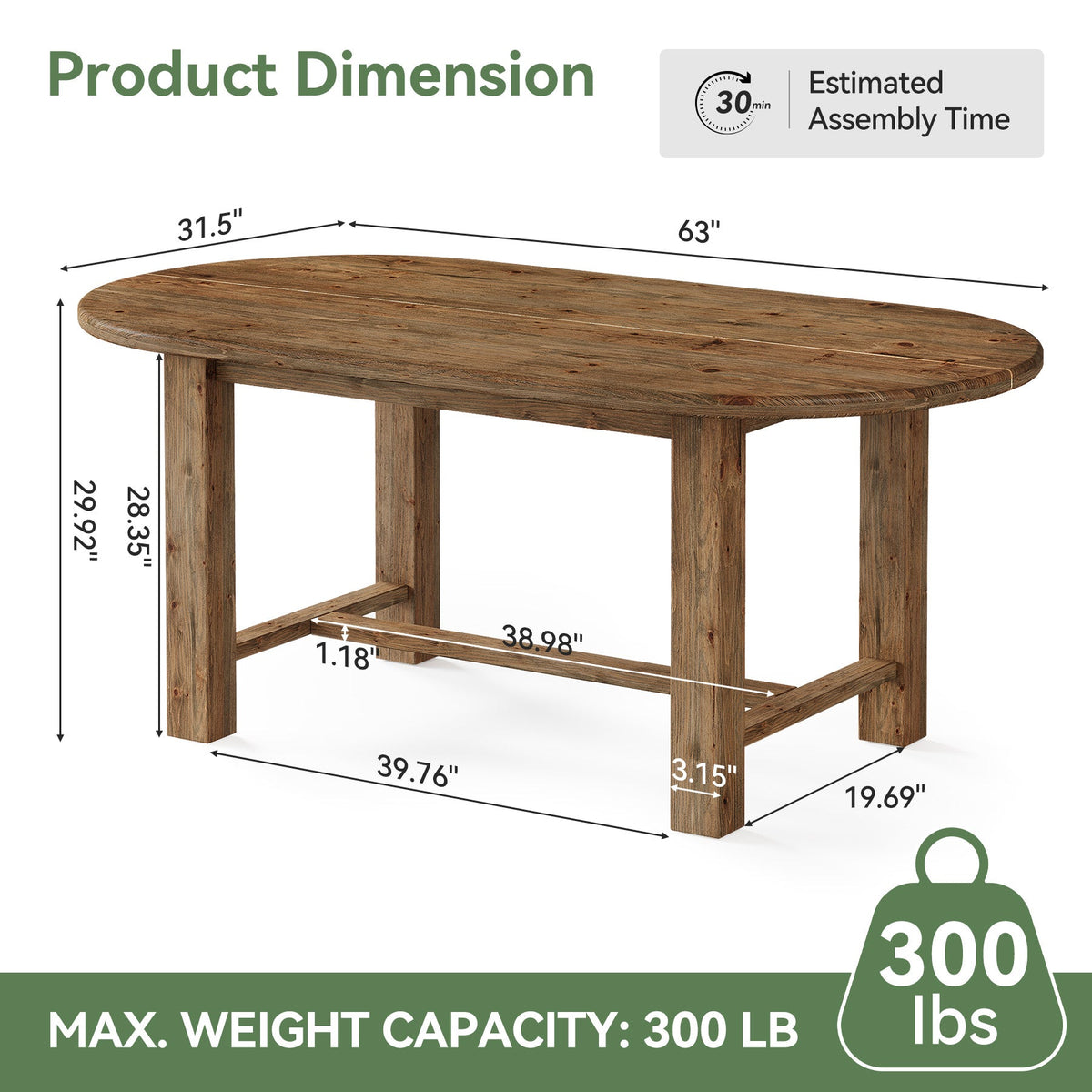 63 Inch Solid Fir Wood Oval Dining Table for 4-6, Farmhouse Kitchen Table with Crossbar