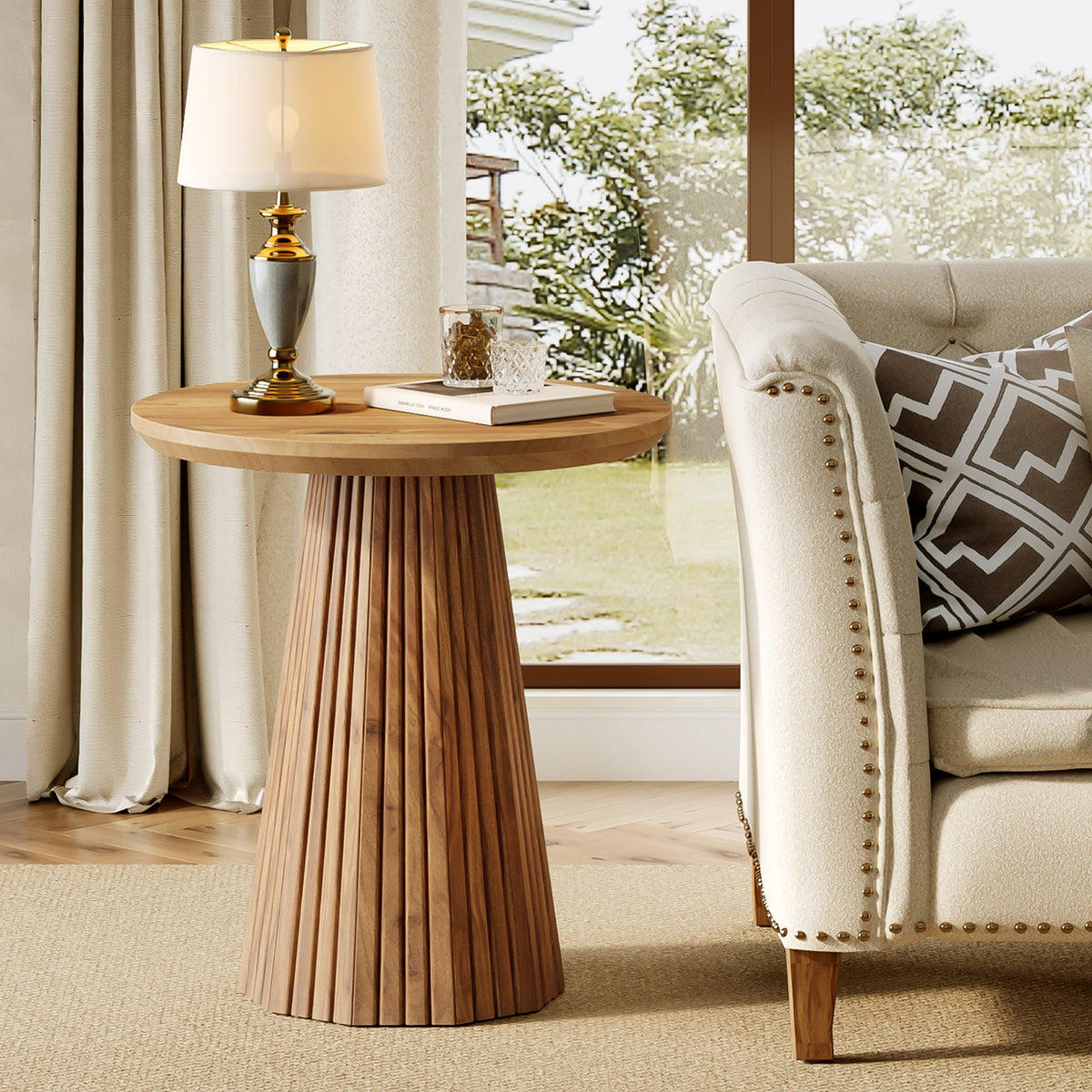 19.7-Inch Solid Wood End Table with Fluted Base, Small Round Side Table for Small Spaces