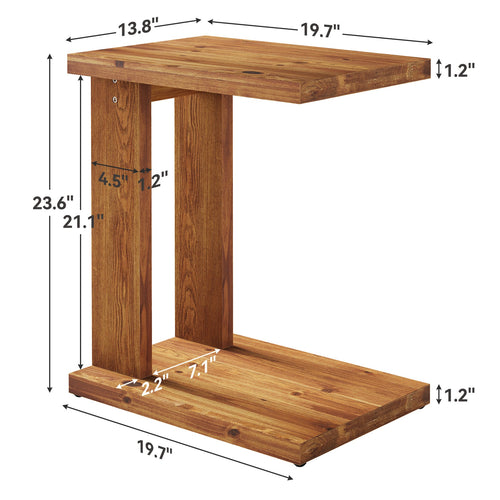 23.6" C-Shaped End Table, Solid Wood 2-Tier Side Table for Sofa and Living Room
