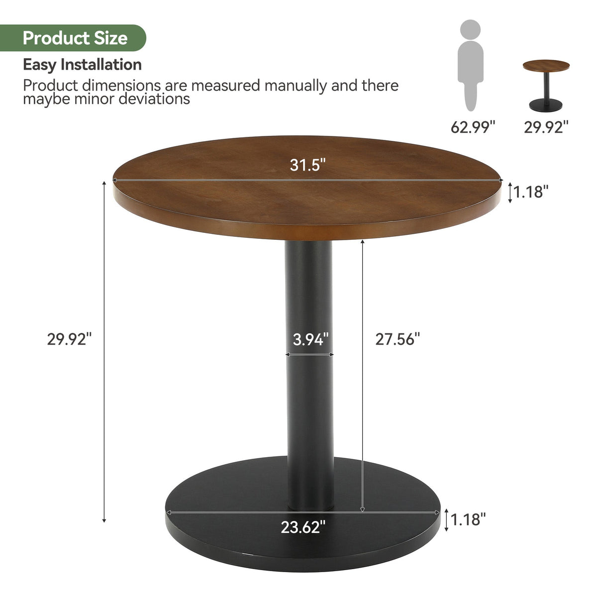 31.5-Inch Round Dining Table with Black Metal Pedestal Base, Small Kitchen Table for 2-4 People in Dining Room