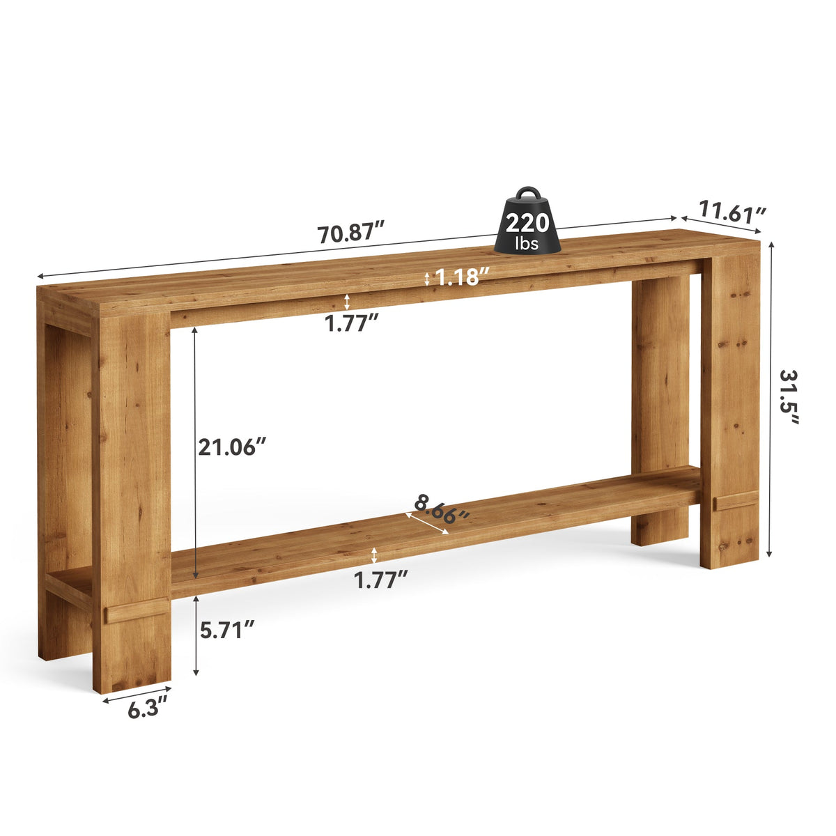 70.9-Inch Solid Wood Console Table, 2-Tier Hallway Table