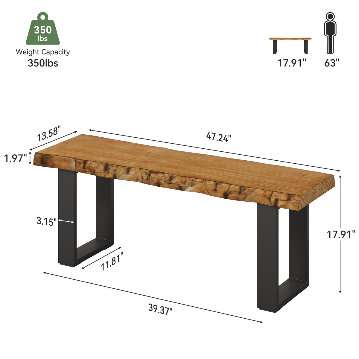 47.24-Inch Industrial Entryway Bench with Solid Wood Seat, Narrow Shoe Bench for Bedroom and Hallway
