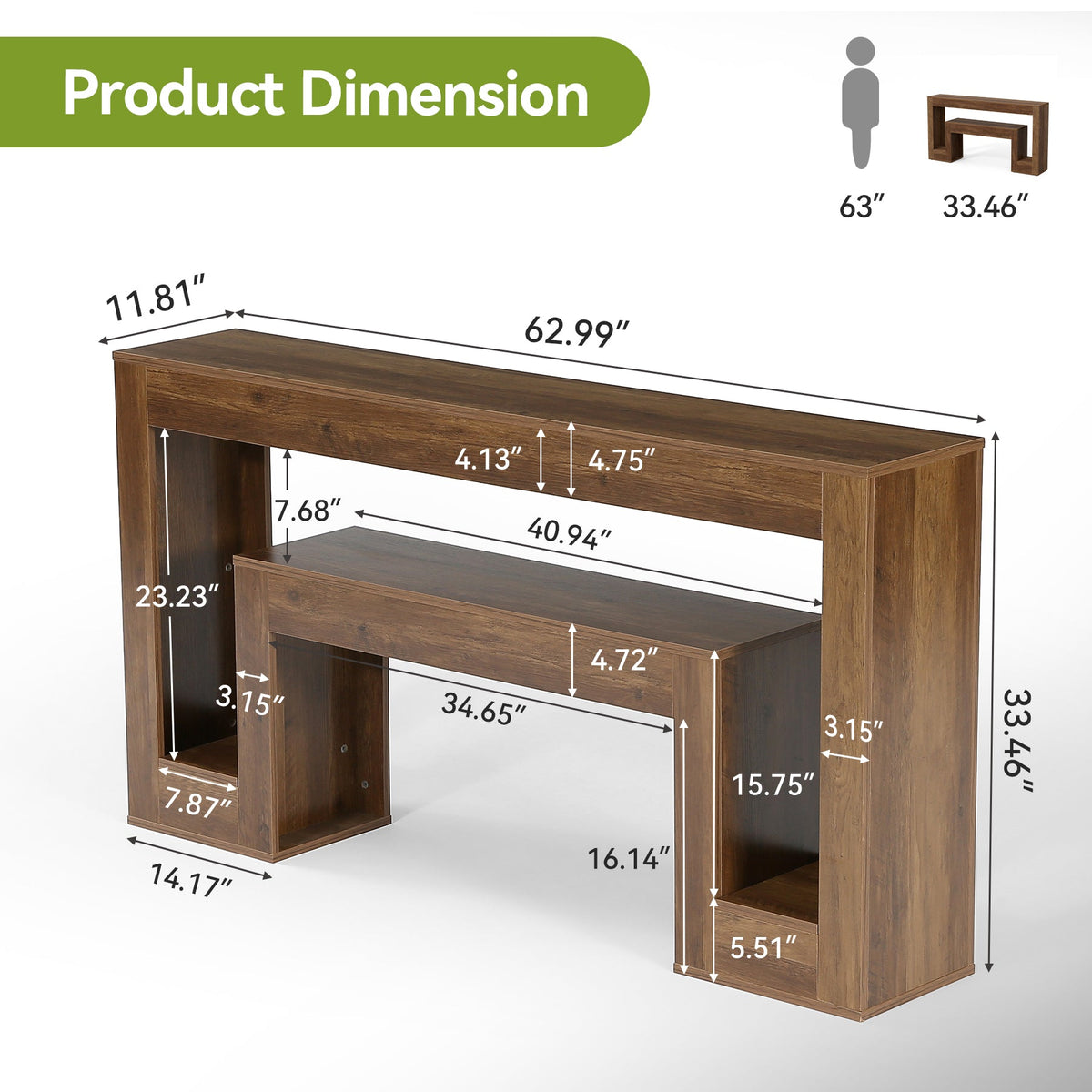 63-Inch Rustic Console Table with 2-Tier Shelf, Narrow Sofa Table for Entryway and Living Room