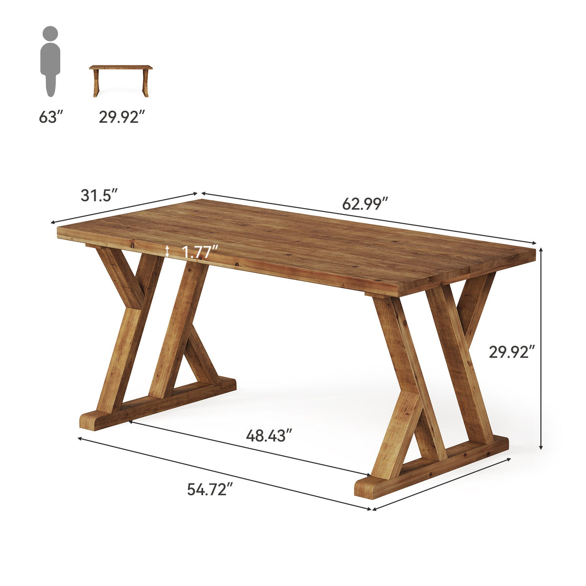 63-Inch Solid Wood Dining Table with X-Shaped Legs, Rectangular Farmhouse Kitchen Table for 4-6 People Dining Room Rustic Brown